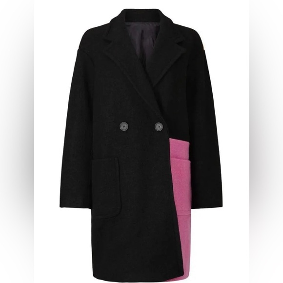 PETER SOM Coat size2 Colorblock Wool-Blend Midi Button Lined Black Pink Tan l-xl - Picture 5 of 13